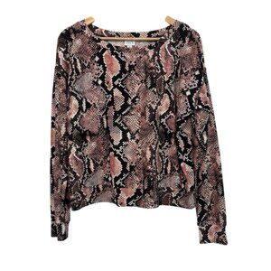 Women's Small Snake Reptile Pink Black Long Sleeve Stretchy Casual Boxy Top